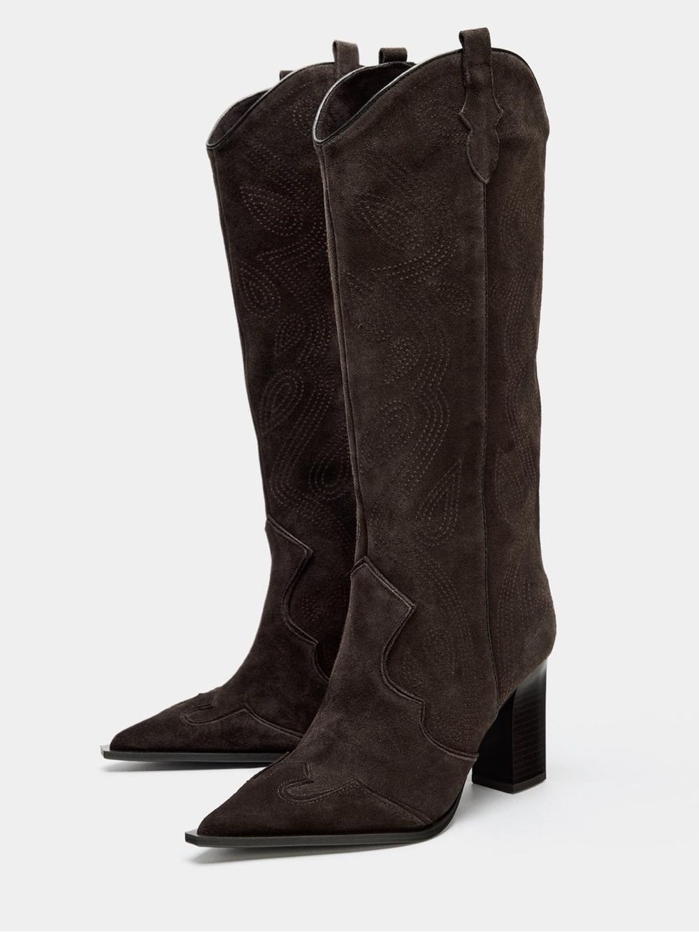 Zara Dark Brown Suede Pointed-Toe Knee-High Western Boots